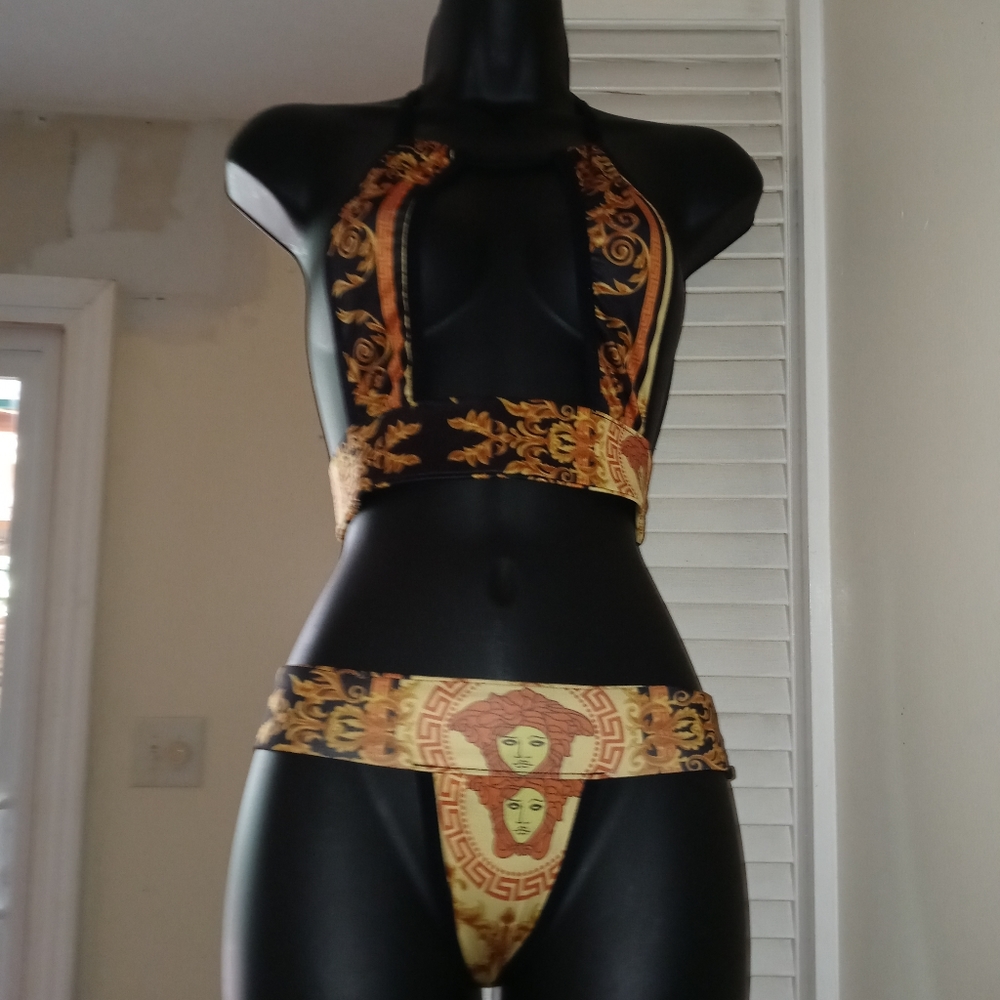 Gold and black two piece lingerie thong bikini